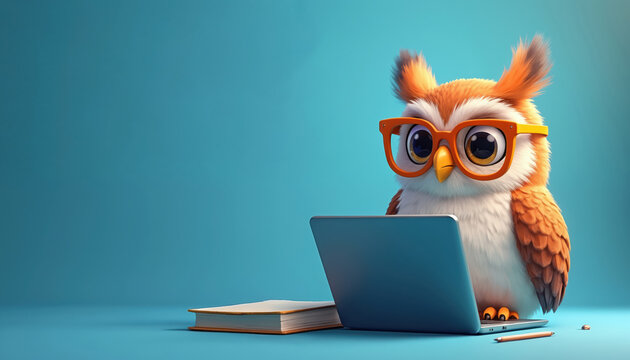 Cute owl wearing orange glasses uses laptop computer on blue background. Orange and white owl bird works on modern tech device. Book and pencil near digital notebook.