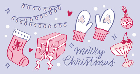 Hand drawn vintage set in coquette core style. Xmas cute graphic elements with ribbons and bows, calligraphic slogan. Retro garland, gift box, christmas sock, mittens, toy, wineglass. Vector artwork