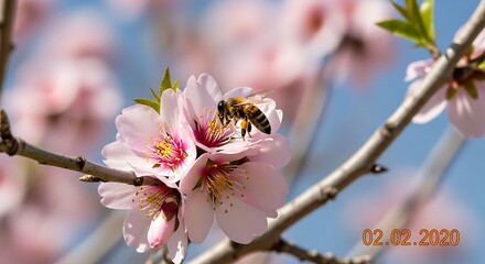 Bee on Almond Blossom - A Springtime Pollination Scene.
