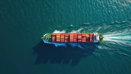 Large cargo container ship sails on blue ocean water creating white foam wake. The vessel transports many colorful boxes across the sea for global trade and commerce.