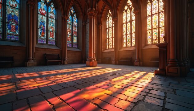 Interior of historic church with colorful stained glass windows. Sunlight creates vibrant patterns on stone floor. Arched windows, columns, benches in gothic architecture. Late afternoon light shines