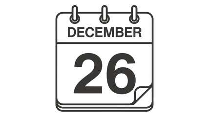 Simple black and white line art illustration of a tear off calendar page showing december 26th in a minimalist silhouette style