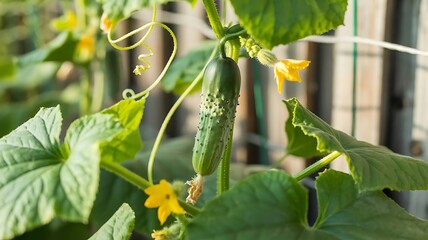 Vibrant green cucumber plants with developing fruits in a sunlit garden setting
