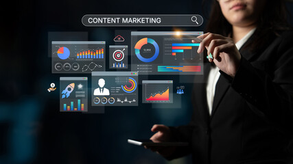 Content marketing interface with data dashboards, analytics charts, and content tools. Marketing success comes from content performance, content planning, and marketing optimization. Spline