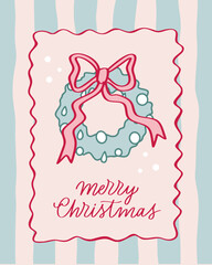 Retro vintage print in coquette core style. Ready print for Christmas poster, greeting card, placard. Hand drawn drawing for xmas time with elegance calligraphy scripts and wreath.