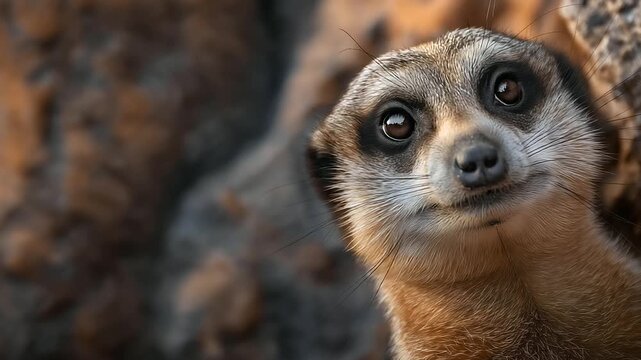 A close-up shot of a curious meerkat standing on its hind legs, looking around. Represents curiosity, community, and alertness.