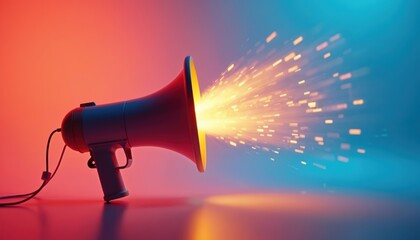 Megaphone projecting vibrant light. Loudspeaker device with glowing yellow light coming out. Communication tool for announcement, advertisement, and public speaking.