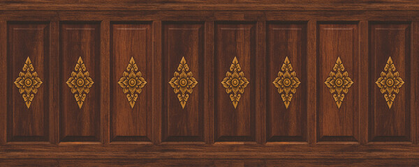 Traditional Thai wooden wall with golden floral carvings, showcasing elegant craftsmanship and rich cultural heritage.