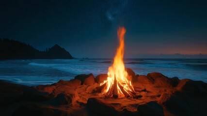 A cozy, inviting shot of a campfire on a beach at night, with stars visible in the sky and the sound of waves in the background. Represents relaxation, freedom, and camping. - Powered by Adobe