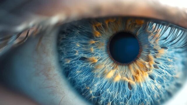 A detailed, close-up shot of a human iris with intricate patterns and vibrant colors. The pupil is glowing softly. Represents vision, identity, and the human body.