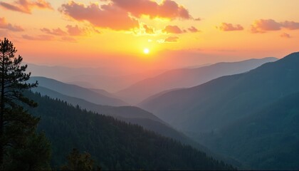 Vibrant sunset over mountain range creates dramatic scenic view. Evening sunlight illuminates hills, valleys. Nature background for travel advertising adventure content. Peaceful environment in