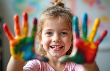 Happy small girl smiles at camera, showing hands. Hands full of vibrant rainbow paint colors. Kid enjoys colorful creative art activity. Child explores new ideas, plays with paints in room. Little