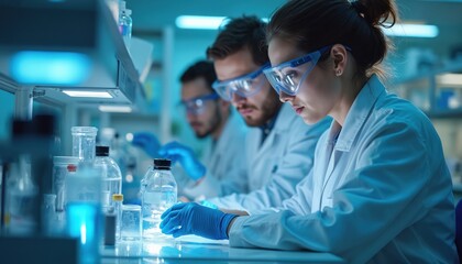 Scientists in lab coats and safety glasses conduct experiment with liquid in beakers. Diverse group collaborates on medical research in a modern high-tech lab setting.