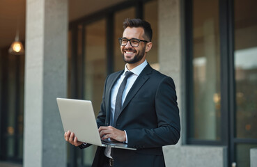 Man in business suit with glasses holds laptop, smiles outside modern office building. Successful professional, entrepreneur, happy employee, financier, corporate executive, works on tech device.