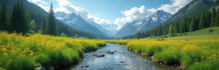 Mountain valley river stream flows through green grassy meadow dotted with yellow wildflowers. Tall pine forests flank steep snow-capped peaks under blue sky with white clouds.