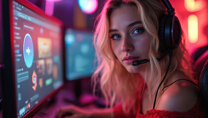 Blonde woman gamer wears headset with mic, looking at camera. Sits at computer desk with vibrant neon lights in gaming room. Female streams plays video games online, enjoying modern tech cyber
