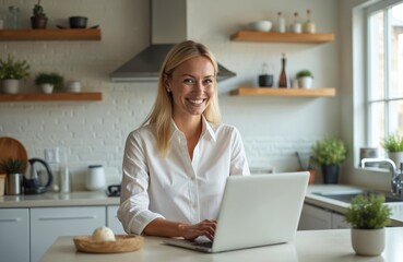 Blond woman in white shirt works on laptop in modern kitchen. She smiles warmly while typing. Home office setup with computer on counter. Lifestyle scene.