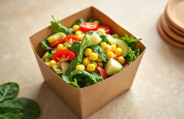 Fresh vegetable salad served in brown kraft paper container with corn tomatoes and cucumber on beige background. Healthy food for takeout picnic lunch.
