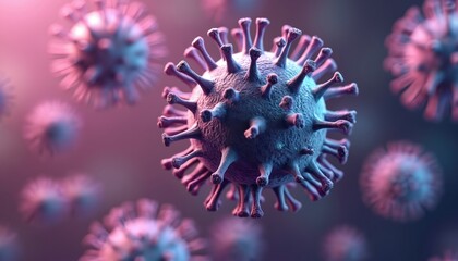 Microscopic virus cells with spike proteins visible. Pathogen organism represents infectious disease spread, illness, infection, pandemic, health threat. Germs, bacteria, microbes, vaccine, immunity,