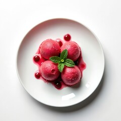 Raspberry sorbet scoops on white plate with berry sauce and fresh mint leaves. Sweet dessert with red fruit and green mint. Healthy food and tasty treat.