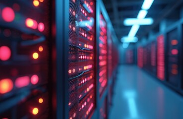Data center with glowing servers. tech room with network equipment. Digital hardware servers with LED lights. Telecommunication facility with data storage racks. Modern datacenter interior with