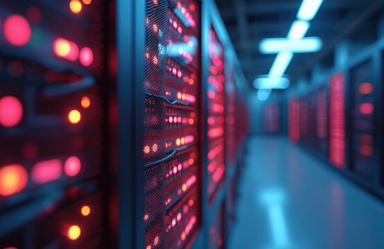 Data center with glowing servers. tech room with network equipment. Digital hardware servers with LED lights. Telecommunication facility with data storage racks. Modern datacenter interior with