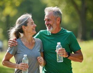 Elderly couple laughs while jogging in park, holding water bottles. Mature man and woman are active, enjoying healthy retirement lifestyle, sharing happy moment. Fit seniors exercise outdoors.