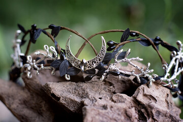 Beautiful witch diadem. Decoration for ritual in forest. Halloween.