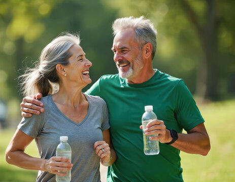 Elderly couple laughs while jogging in park, holding water bottles. Mature man and woman are active, enjoying healthy retirement lifestyle, sharing happy moment. Fit seniors exercise outdoors. - Powered by Adobe