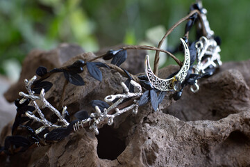 Beautiful witch diadem. Decoration for ritual in forest. Halloween.
