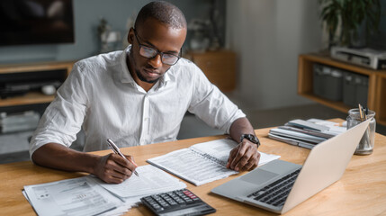 A focused young man working intensely on financial documents or taxes at his home office desk, writing notes, using calculator and laptop. Perfect for remote work, personal finance, accounting themes