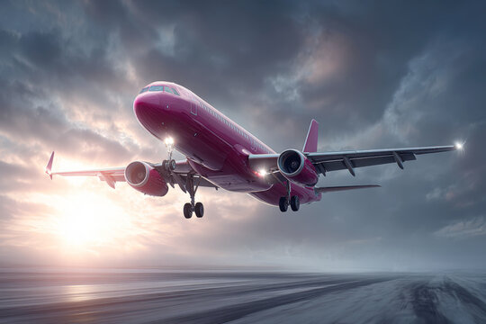Dramatic Low-Angle View of a Modern, Pink Passenger Airliner Taking Off or Landing on a Runway Under an Expressive, Overcast Sky with Bright Sun Flare, Emphasizing Global Travel, Aviation, Logistics - Powered by Adobe