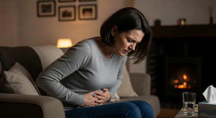 Obraz premium Woman Experiencing Abdominal Pain and Discomfort at Home