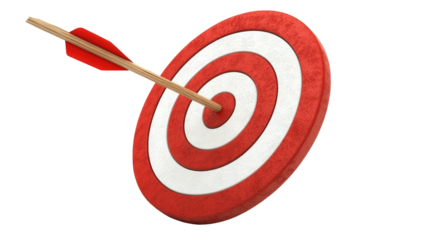 Arrow strikes bullseye of red and white target, perspective shot