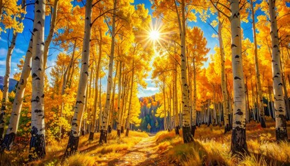 Fototapeta premium Golden sunlight streams through vibrant autumn aspen trees, creating a breathtaking path through the colorful forest landscape, ideal for travel and outdoor projects