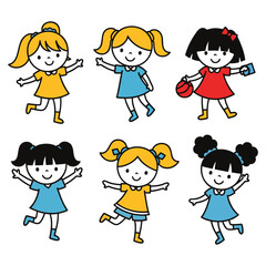 Cheerful Cartoon Girls Group Adorned with Playful Outfits and Cute Hairstyles in a Fun, Joyful, and Delightful Illustration