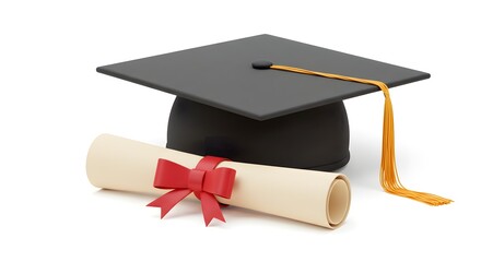 3D Render of Graduation Cap and Diploma Scroll with Red Ribbon on White Background