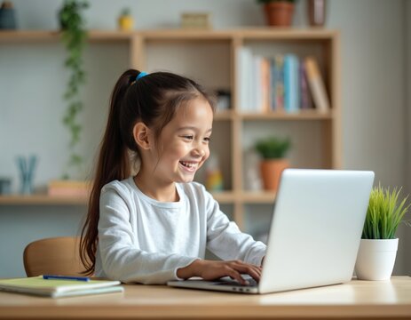 Smiling kid uses laptop for learning. Schoolgirl studies online at home. Distance education modern technologies. Happy girl uses notebook pc for homework. Child learns with computer.