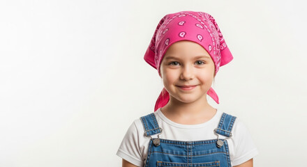 Young Girl Wearing a Pink Bandana and Denim Overalls Smiling