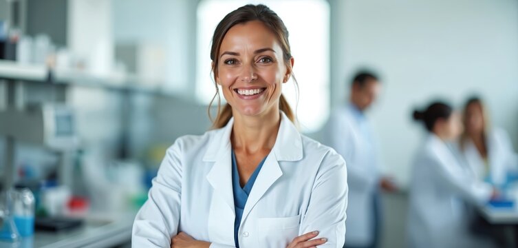 Mature female scientist smiles confidently in lab coat with arms crossed. Colleagues work blurred in background. Shows research, healthcare and innovation. Positive professional woman leader.