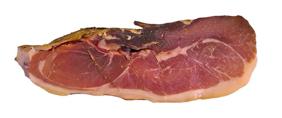 A slice of aged Iberico ham highlights its marbling and rich hues. This gourmet delicacy is perfect for charcuterie boards, sandwiches, and taste testing. Ideal for food enthusiasts.