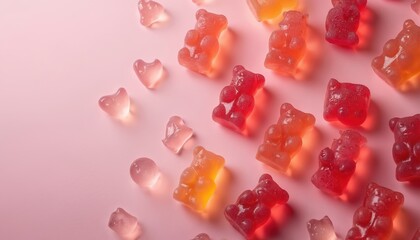 Sweet gummy bears and heart shaped candies on pink background. Colorful candy texture pattern. Delicious treats for kids party. Fun dessert and food concept. Candies in various colors.