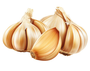 Two garlic bulbs and a separated clove, tan skin, with subtle textures
