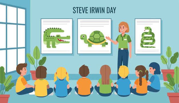 Flat Vector Illustration of Children Learning About Wildlife at Nature Center with Educator &ndash; Steve Irwin Day