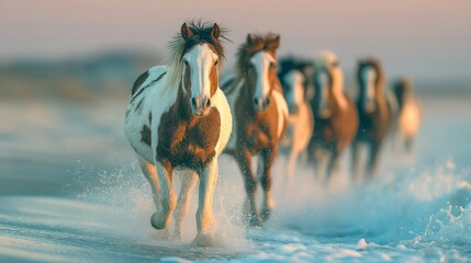 Horses running along the beach at sunset creating splashes in the water during a calm evening