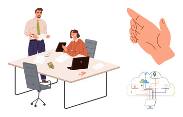 Two colleagues working at a table with laptops, papers, and devices. Visual includes a guiding hand and cloud technology symbol. Ideal for teamwork, collaboration, technology, guidance, productivity