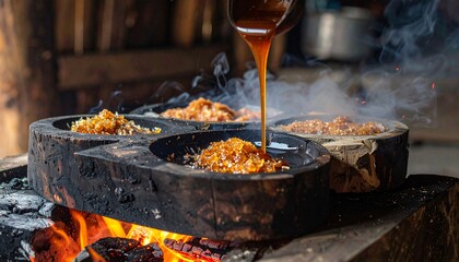 A close-up shot of a rustic, wooden cooking mold filled with granular food, with a dark liquid being poured over it from above, set against a backdrop of glowing embers and smoke.