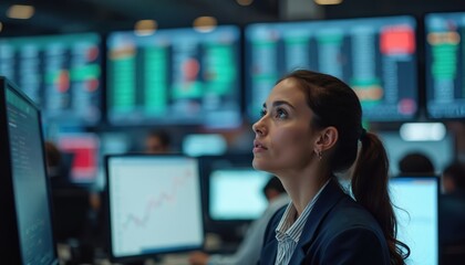 Young woman works in stock market office. Analyst studies financial charts on computer screens. She monitors trading data and economic trends. Pro businesswoman analyzes graphs.