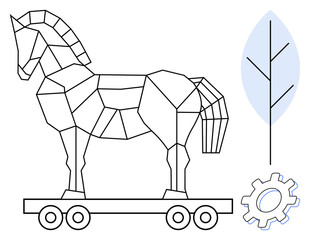 Geometric Trojan horse on wheels alongside a minimalist leaf and gear. Ideal for strategy, innovation, technology, sustainability, history, engineering, design, simple flat metaphor