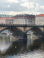 Fototapeta premium Elegant stone bridge with wide arches crossing a river with a white swan swimming in the foreground and classic European buildings in the background.